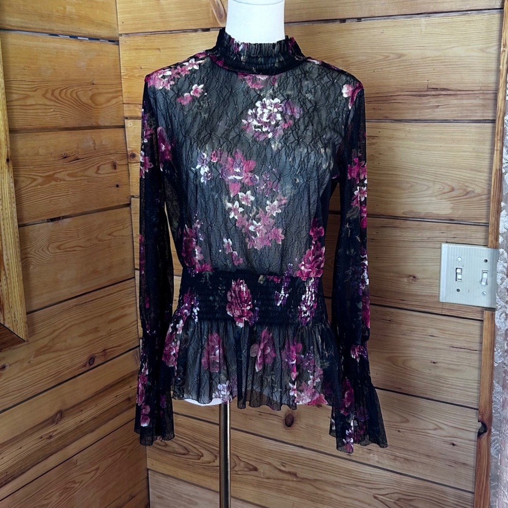 Floral Sheer Mesh Lace Blouse Large Black Mock Neck Smocked Whimsigoth Vamp Dark - Picture 2 of 8